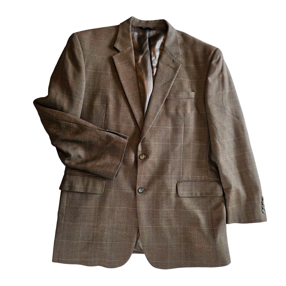 Jos A Bank Mens 46L Brown Plaid 100% Wool 2 Button Blazer Sport Coat Pane READ